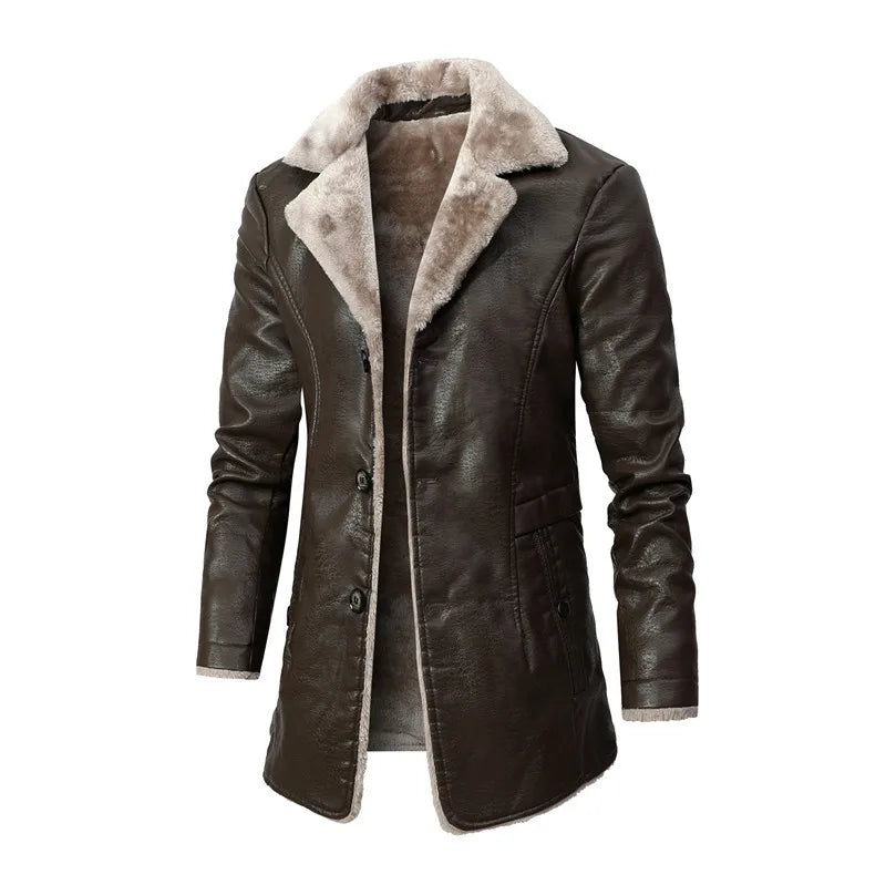 Men's Mid-length Leather Coat Autumn Winter Business European Size Plus Fleece Large Lapel Suit Fur Coat Men Jacket Men