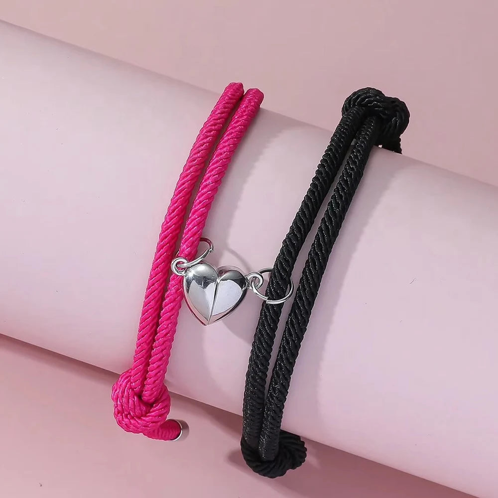 2 Pieces Set Black White Hand Rope Love Magnetic Couple Bracelet Best Friend Party Fashion Elegant Silver Color Heart Charm Gift