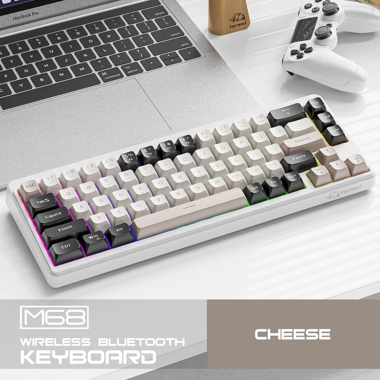 FREEWOLF M68 Wireless Keyboard and Mouse Set Multidevice Connection 68 Keys Mini Keyboard and A3 Mouse Kit PBT keycaps Backlight