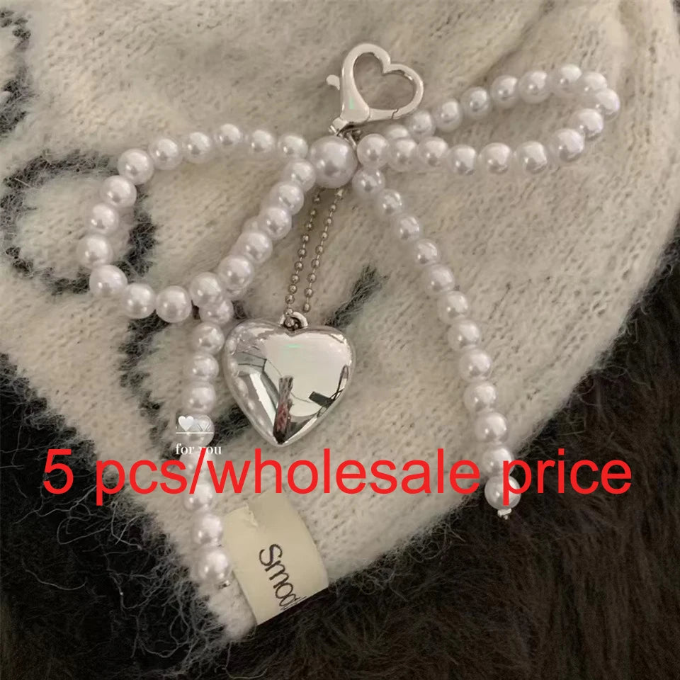 ZAKOL White Bowknot Heart Keychain Women Sweet Charm Pearl Bow Backpack Key Ring Handmade Jewelry Ornament Bags Pendants Gif