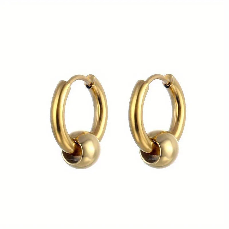 2pcs Stainless Steel Hoop Earrings For Men Small Circle Metal Ball Anti-allergic Ear Buckle Rock Hip Hop Artificial Jewelry