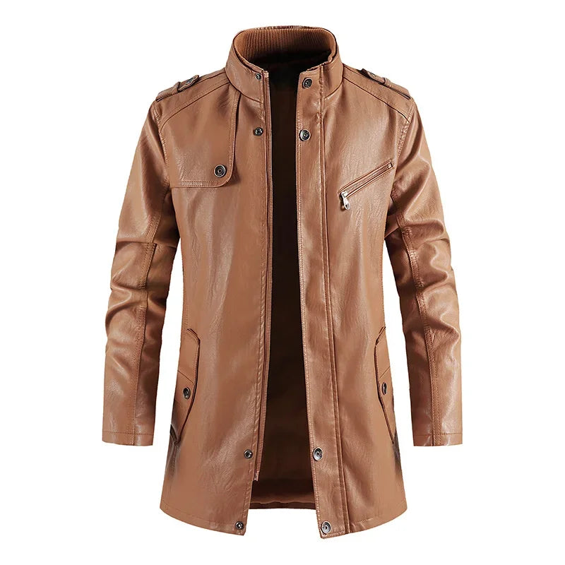 Men's Leather Jacket Autumn and Winter Windproof Standing Collar Motorcycle Tactical Warm Coat Casual Fashion Waterproof Jacket