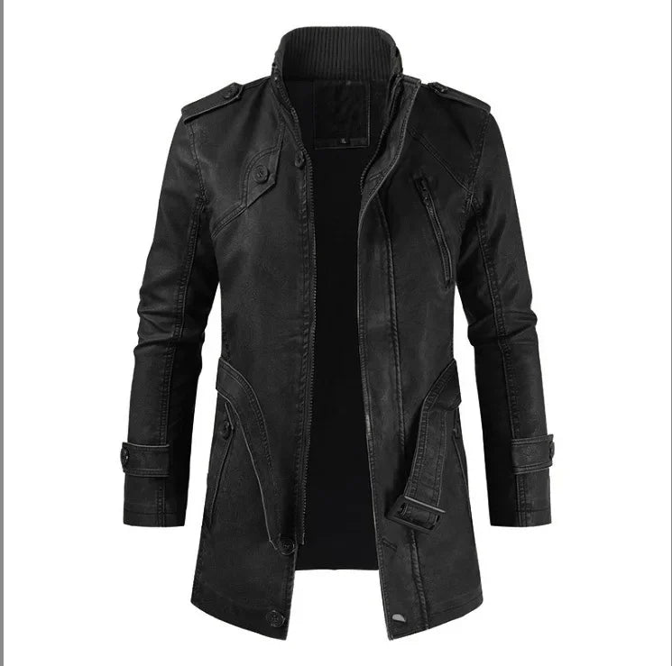 Leather Coat Men Stand-up Collar Autumn Winter New Men Mid-Length Casual Fashion Slim Fit Solid Color Leather Jacket