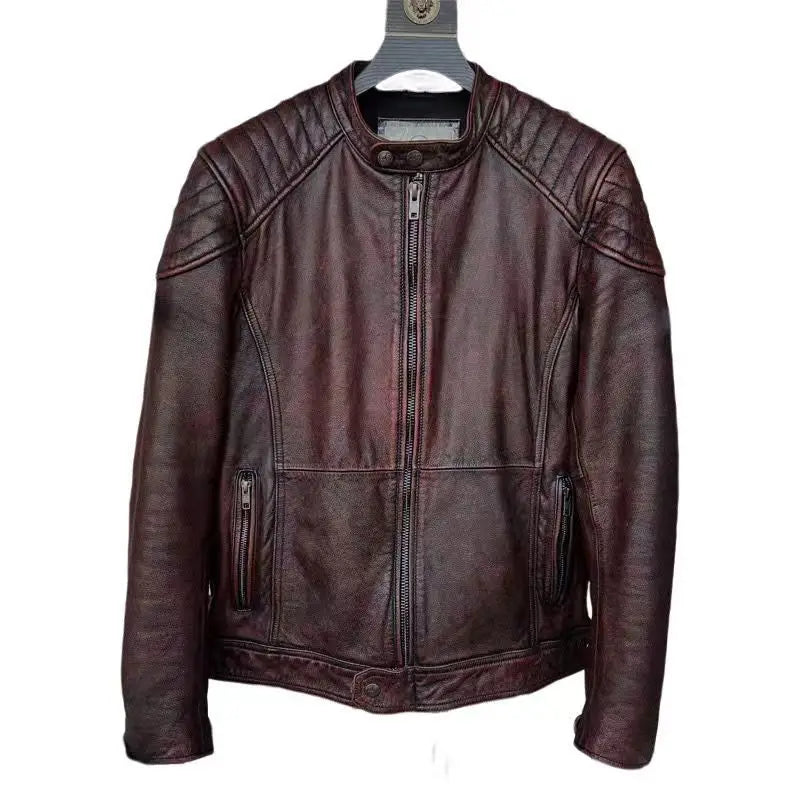 Vintage Black Brown Real Cowhide Genuine Leather Jacket Real Fur Men's Leather Jacket Bomber Men Leather Jacket Motorcycle Coat