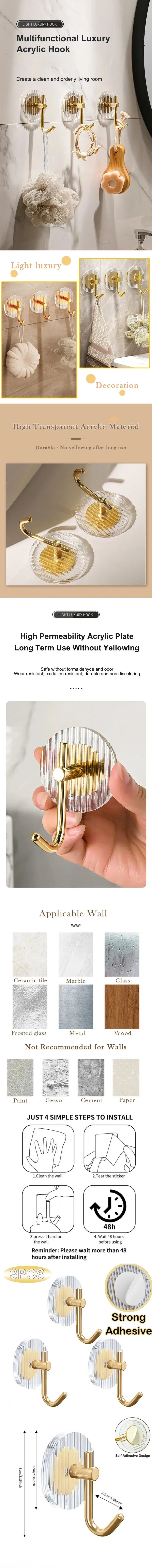 3PCS Self Adhesive Acrylic Wall Hooks Waterproof Towel Hooks For Bathroom Shower Home Organization For Luxury Design Strong Hold