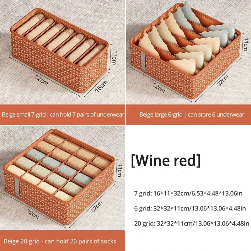 1pc Khaki/Wine Red Non Woven Multi Grid Underwear Sock Storage Box Household Wardrobe Organization and Storage