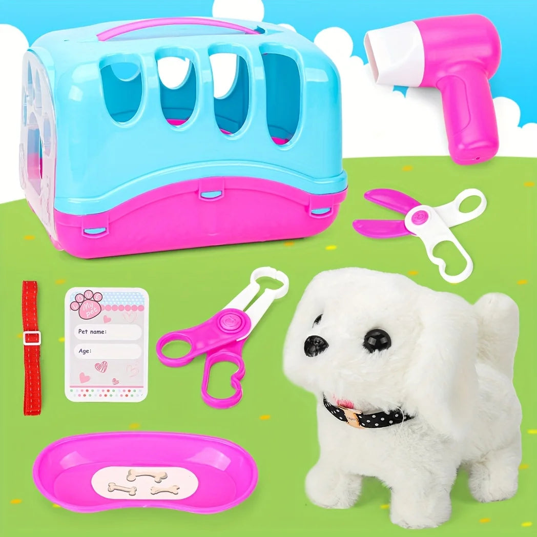 Pet Puppy Care Accessories with Dog House -Simulated Brador Dog Call Plush Toy - Children Interactive Vet Clinic Doctor - Role