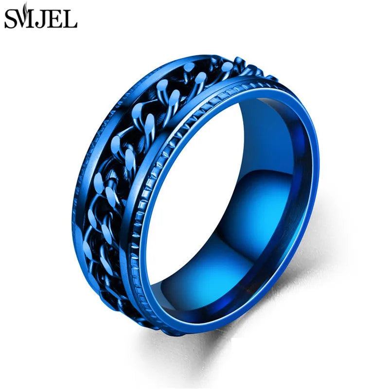Cool Stainless Steel Rotatable Chain Men' Ring Multifunctional Fashion 8mm Fidget Spinner Rings Couple Jewelry bague homme 2024