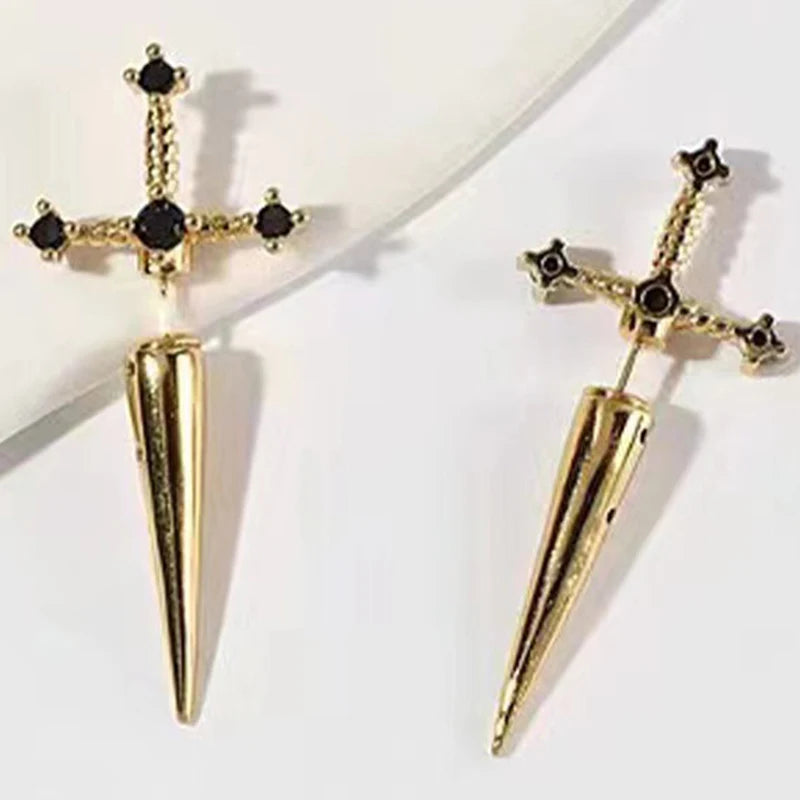 Hip Hop Cross Sword Stud Earrings For Women Classic Blask Crystal Stone Silver Ox Gold Black Color Personality Simple Jewelery