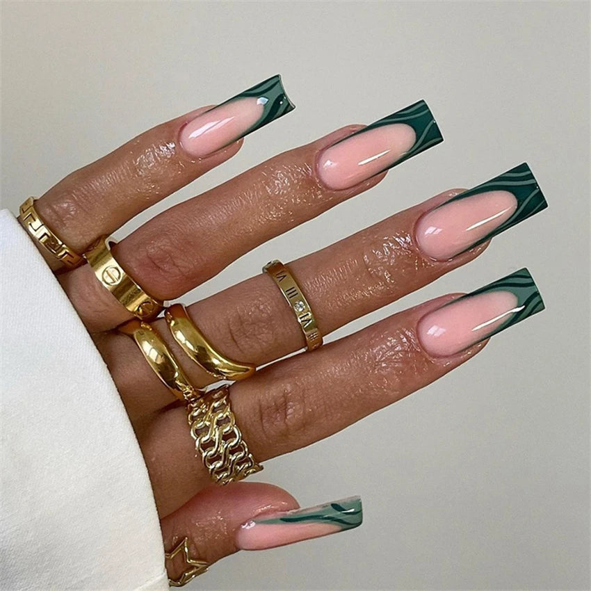 24Pcs Medium Long Ballet Fake Nails Art Flat Head Gold Line Frosted False Nails Press on Full Cover Removable Stick on Nail Tips