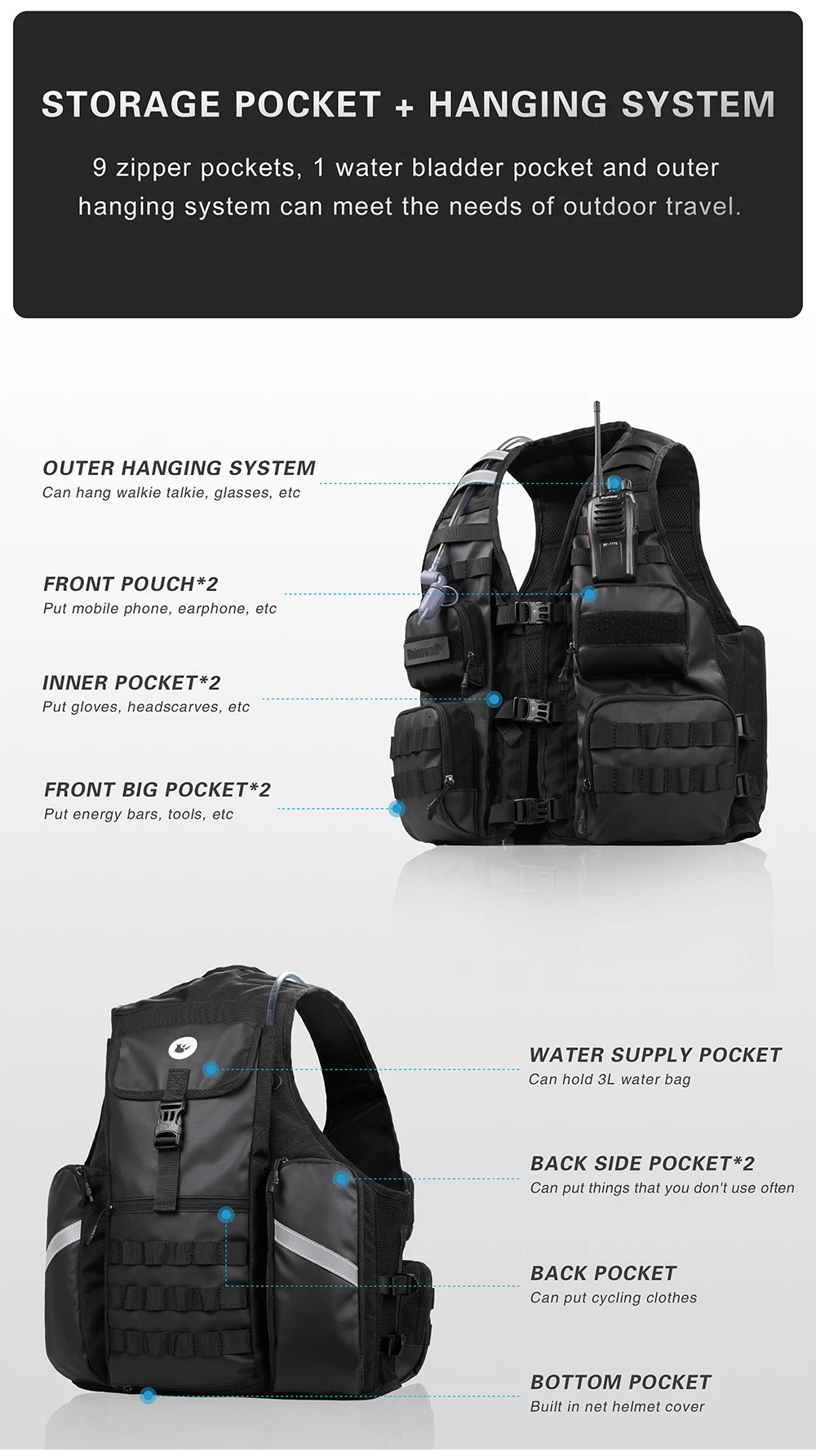 Moto Vest Mens Motorcycle Jacket Breathable Motorbike Jacket Night Work High Visibility Reflective Safety Jacket With Water Bag