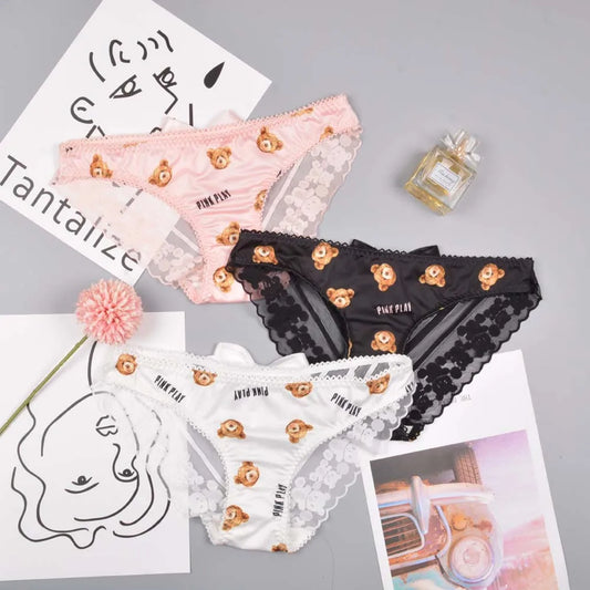 Women Cute Bear Panties Low Waist Lace Ruffled Kawaii Lingerie Milk Silk Underwear Female Lady Underwear