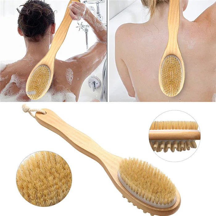 Double-sided Natural Bristle Bath Brush Exfoliating Wooden Body Massage Shower Brush SPA Woman Man Skin Care Dry Long Body Brush
