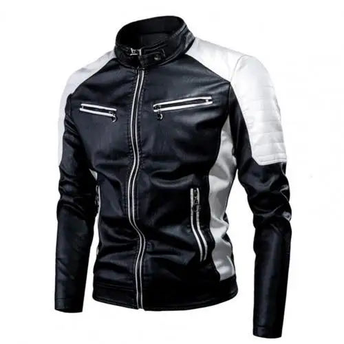 Men's Winter Pu Jacket Motorcycle Waterproof Cool Contrast Colors Classic Biker Leather Jacket Aviator Motor Autumn Coat