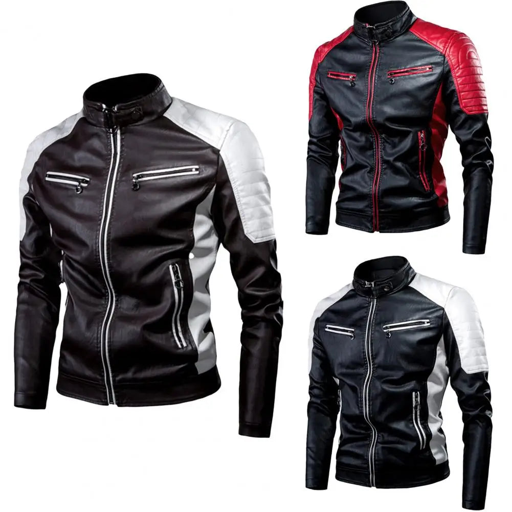 Men's Winter Pu Jacket Motorcycle Waterproof Cool Contrast Colors Classic Biker Leather Jacket Aviator Motor Autumn Coat