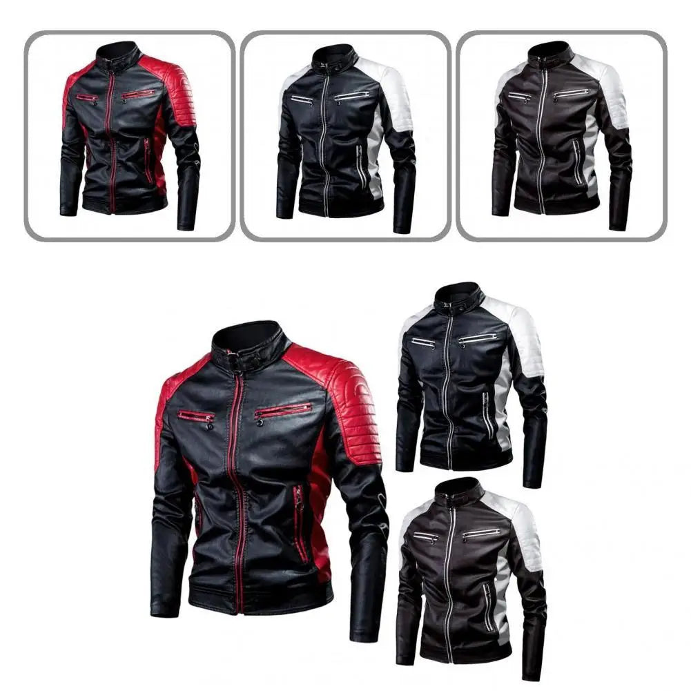 Men's Winter Pu Jacket Motorcycle Waterproof Cool Contrast Colors Classic Biker Leather Jacket Aviator Motor Autumn Coat