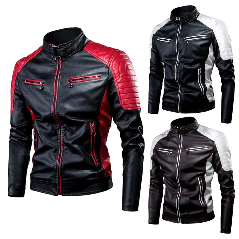 Men's Winter Pu Jacket Motorcycle Waterproof Cool Contrast Colors Classic Biker Leather Jacket Aviator Motor Autumn Coat