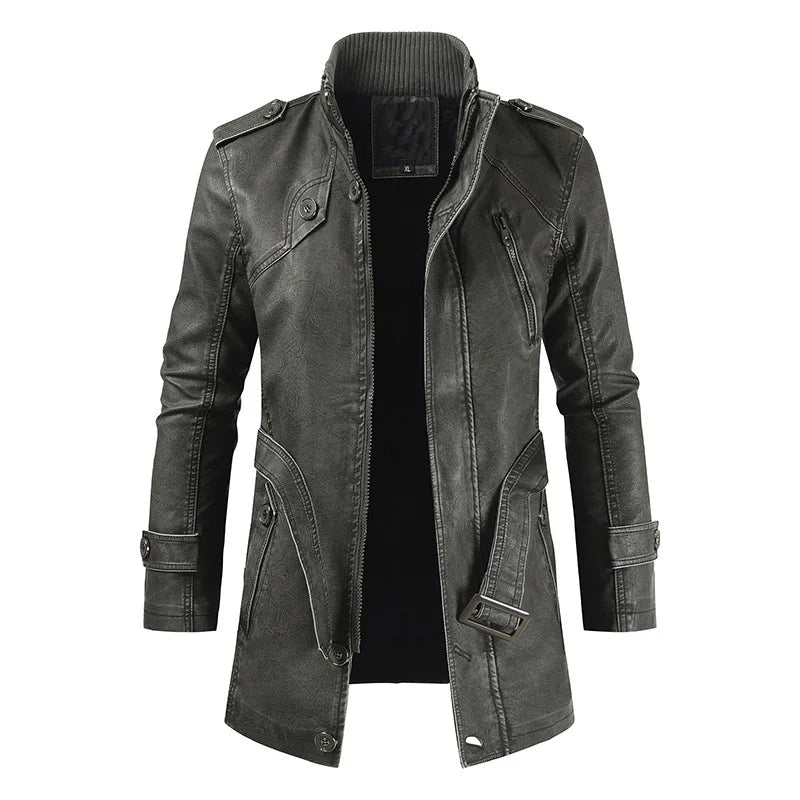 Leather Coat Men Stand-up Collar Autumn Winter New Men Mid-Length Casual Fashion Slim Fit Solid Color Leather Jacket