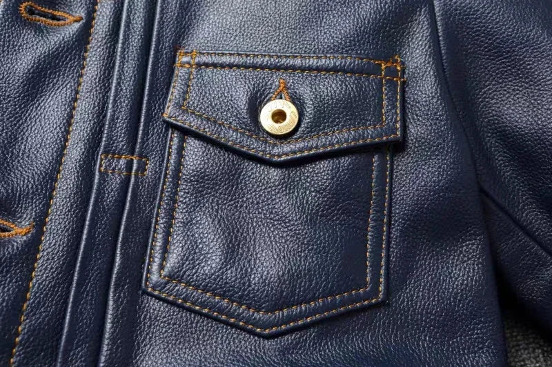 2023 New Leather Jacket Men's Single-Breasted Denim Blue Retro Old Motorcycle Leather Jacket Slim-Fit Lapel Coat