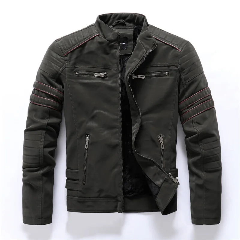 2024 New Men's Leather Washed Leather Jacket Motorcycle Plus Fleece Splicing European and American Men's Leather Coat