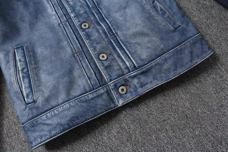 2023 New Leather Jacket Men's Single-Breasted Denim Blue Retro Old Motorcycle Leather Jacket Slim-Fit Lapel Coat