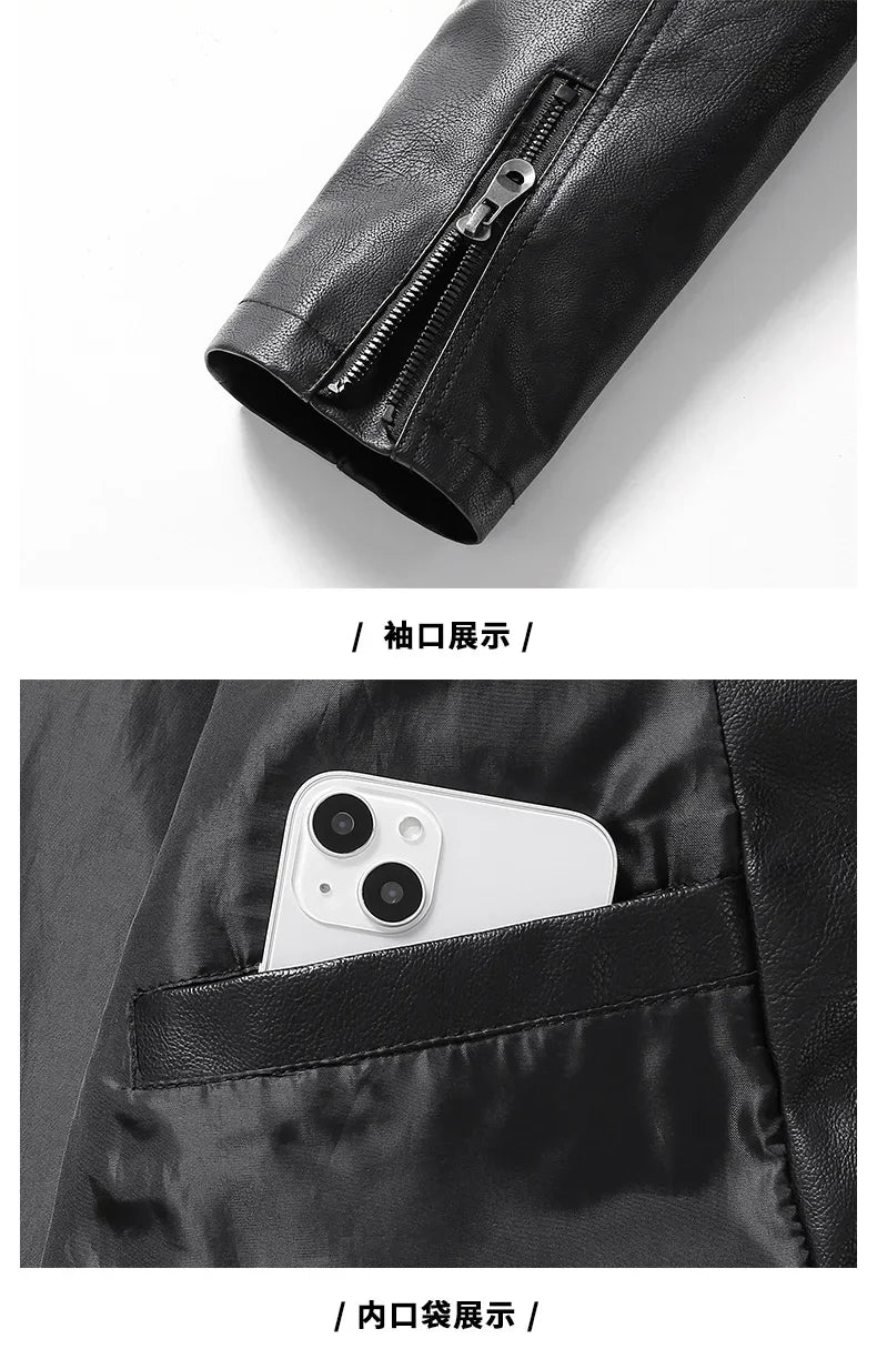 Men's Leather Jacket Autumn and Winter Windproof Standing Collar Motorcycle Tactical Warm Coat Casual Fashion Waterproof Jacket