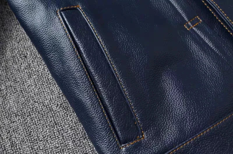 2023 New Leather Jacket Men's Single-Breasted Denim Blue Retro Old Motorcycle Leather Jacket Slim-Fit Lapel Coat