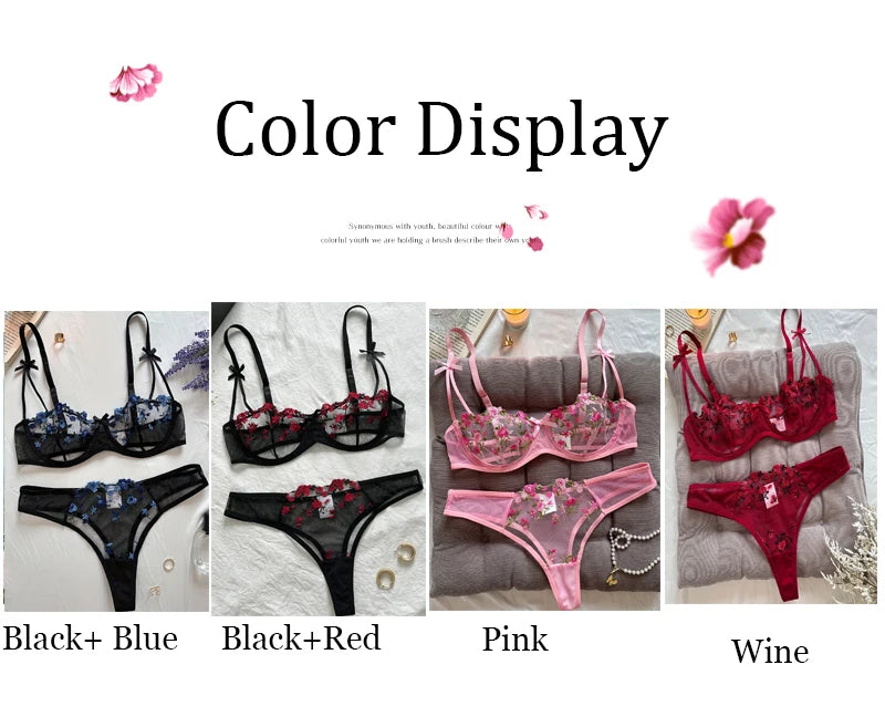 Night Beautiful Sexy Women 2 Piece floral Embroidery Underwear Sexy Erotic lingerie underwear Set