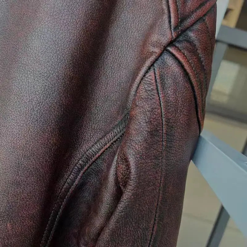 Vintage Black Brown Real Cowhide Genuine Leather Jacket Real Fur Men's Leather Jacket Bomber Men Leather Jacket Motorcycle Coat