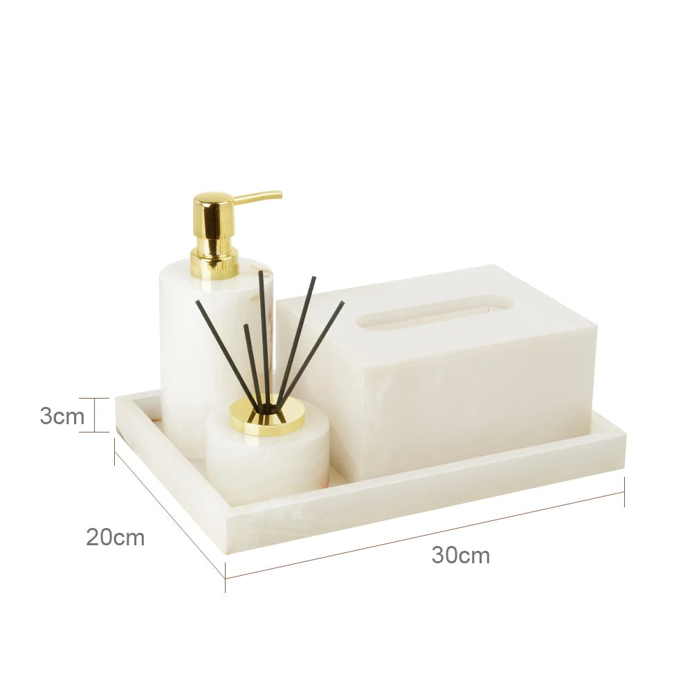 White Onyx Natural Marble Bathroom Accessories Luxury Soap Dispenser Cotton Swabs Container Reed diffuser Tray Bathroom Set