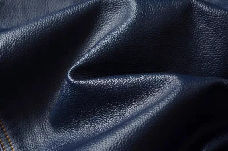 2023 New Leather Jacket Men's Single-Breasted Denim Blue Retro Old Motorcycle Leather Jacket Slim-Fit Lapel Coat