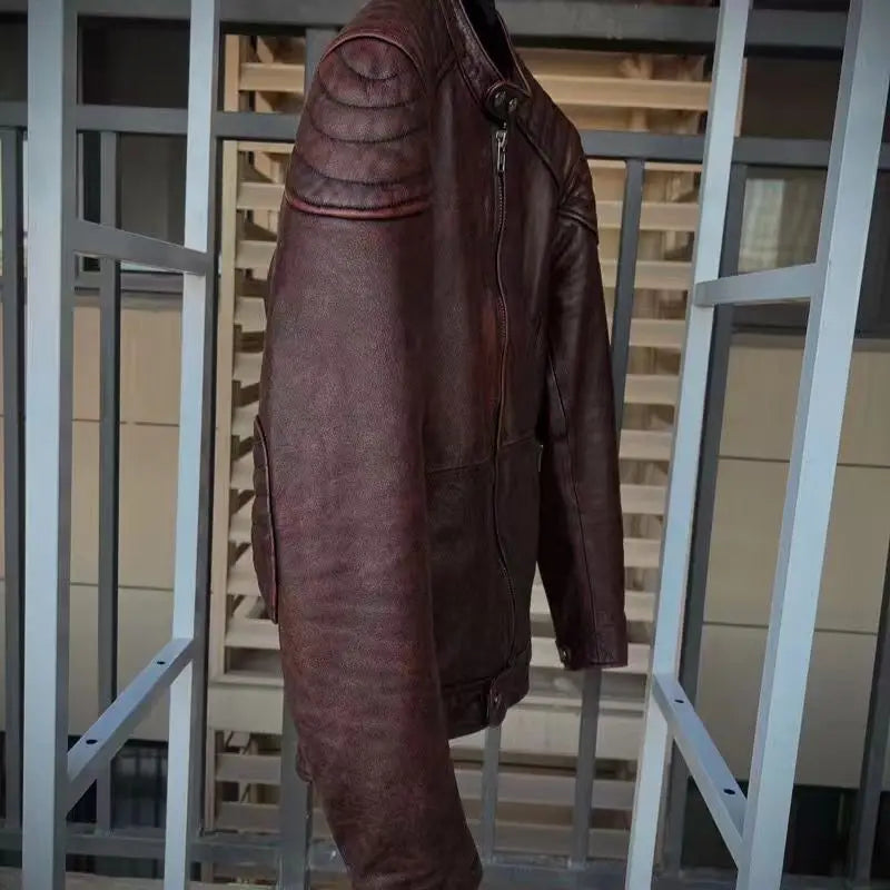 Vintage Black Brown Real Cowhide Genuine Leather Jacket Real Fur Men's Leather Jacket Bomber Men Leather Jacket Motorcycle Coat