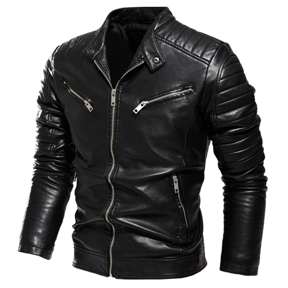 Men Fur Lined Warm Motorcycle Jacket Slim Street Fashion BLack Biker Coat Pleated Design Zipper 2024 Winter Black Leather Jacket