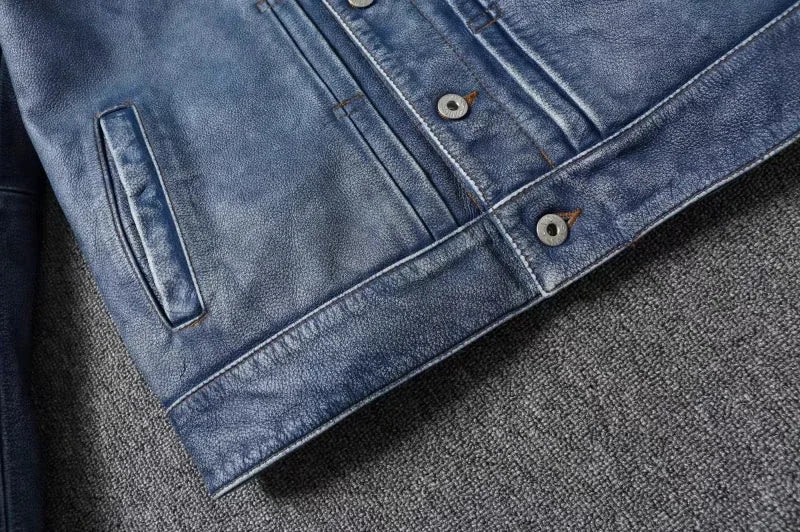 2023 New Leather Jacket Men's Single-Breasted Denim Blue Retro Old Motorcycle Leather Jacket Slim-Fit Lapel Coat