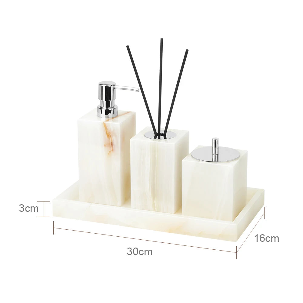 White Onyx Natural Marble Bathroom Accessories Luxury Soap Dispenser Cotton Swabs Container Reed diffuser Tray Bathroom Set
