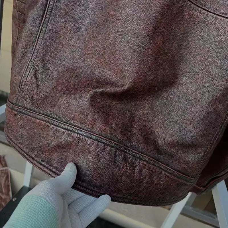 Vintage Black Brown Real Cowhide Genuine Leather Jacket Real Fur Men's Leather Jacket Bomber Men Leather Jacket Motorcycle Coat