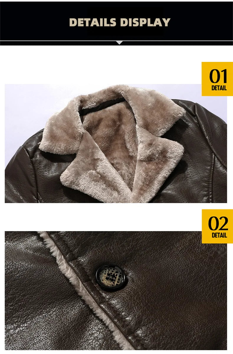 Men's Mid-length Leather Coat Autumn Winter Business European Size Plus Fleece Large Lapel Suit Fur Coat Men Jacket Men