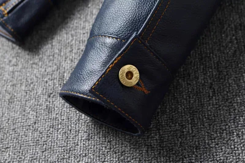 2023 New Leather Jacket Men's Single-Breasted Denim Blue Retro Old Motorcycle Leather Jacket Slim-Fit Lapel Coat