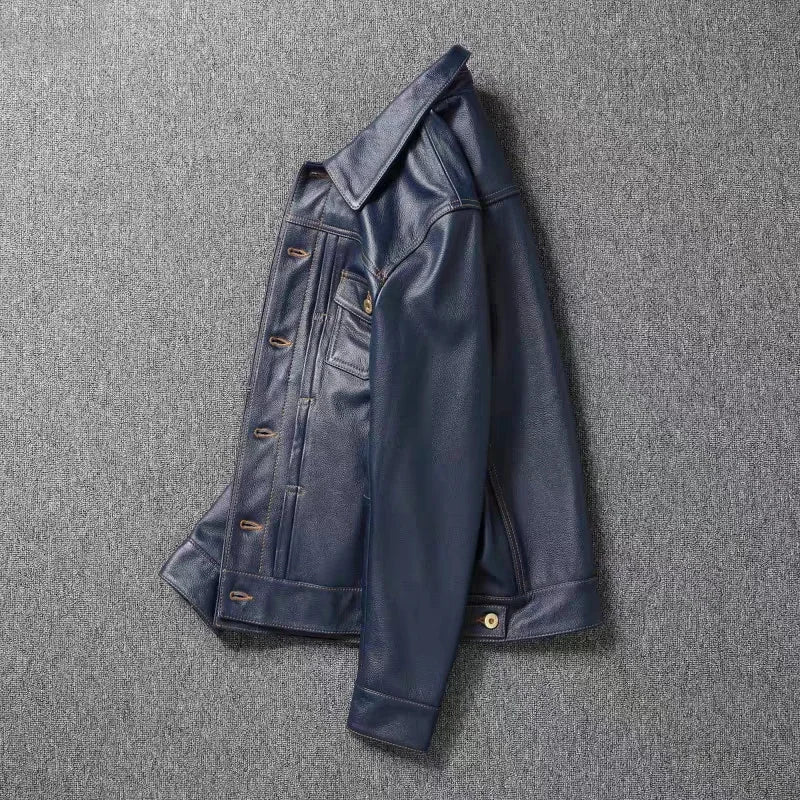 2023 New Leather Jacket Men's Single-Breasted Denim Blue Retro Old Motorcycle Leather Jacket Slim-Fit Lapel Coat