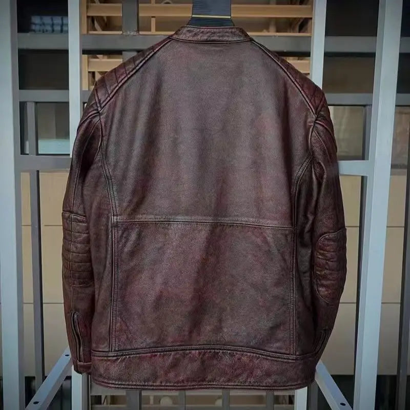 Vintage Black Brown Real Cowhide Genuine Leather Jacket Real Fur Men's Leather Jacket Bomber Men Leather Jacket Motorcycle Coat