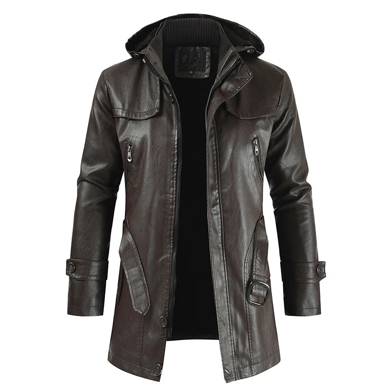 2024 Winter Men's Leather Motorcycle Leather Korean Fashion Jacket Coat Windproof Clothes Men's Hooded Medium Long
