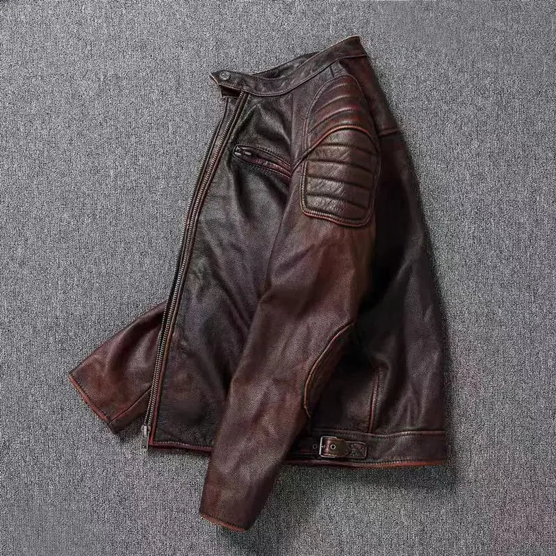 Vintage Black Brown Real Cowhide Genuine Leather Jacket Real Fur Men's Leather Jacket Bomber Men Leather Jacket Motorcycle Coat