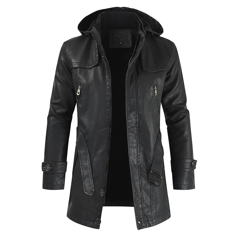 2024 Winter Men's Leather Motorcycle Leather Korean Fashion Jacket Coat Windproof Clothes Men's Hooded Medium Long