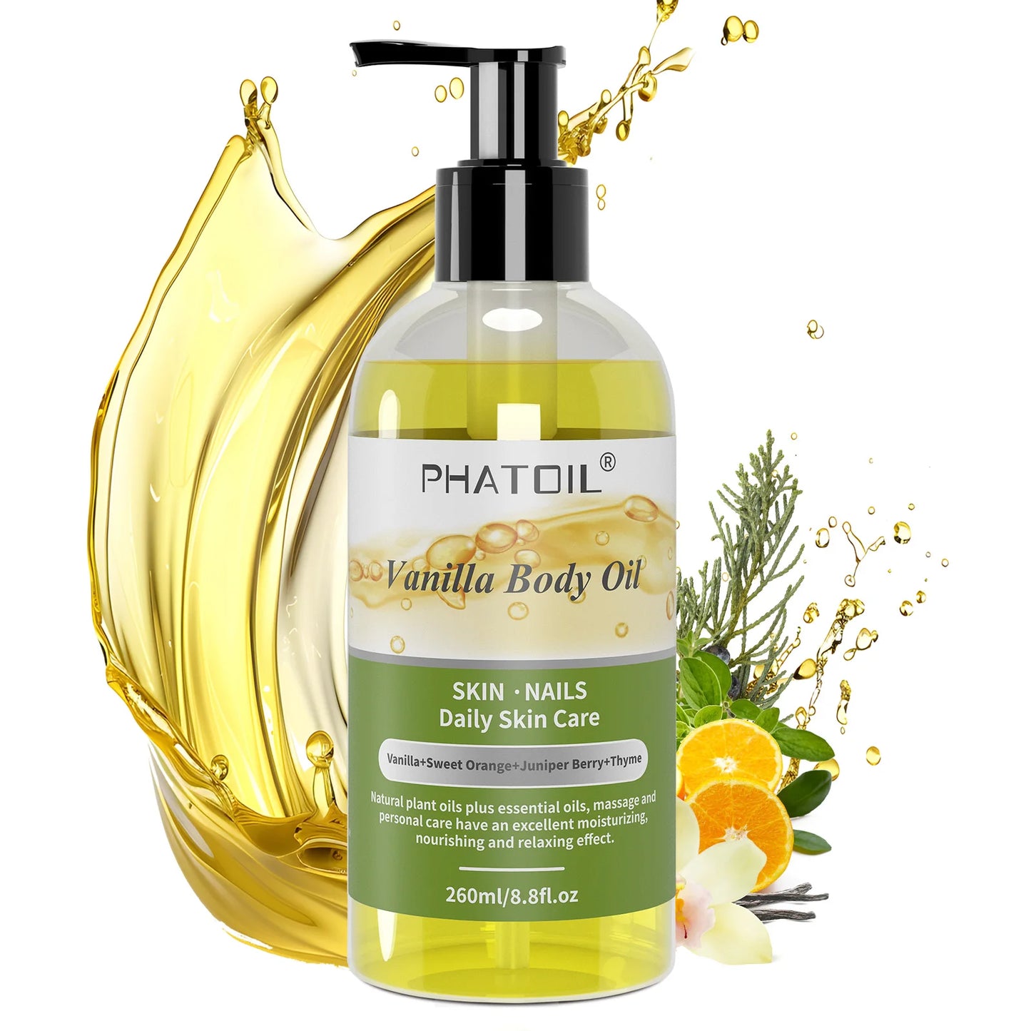 PHATOIL 260ML Vanilla Body Oil For Skin Face Care Massage Oil Repairing Smoothing Skin Care Ginger Grapefruit Essential Body Oil