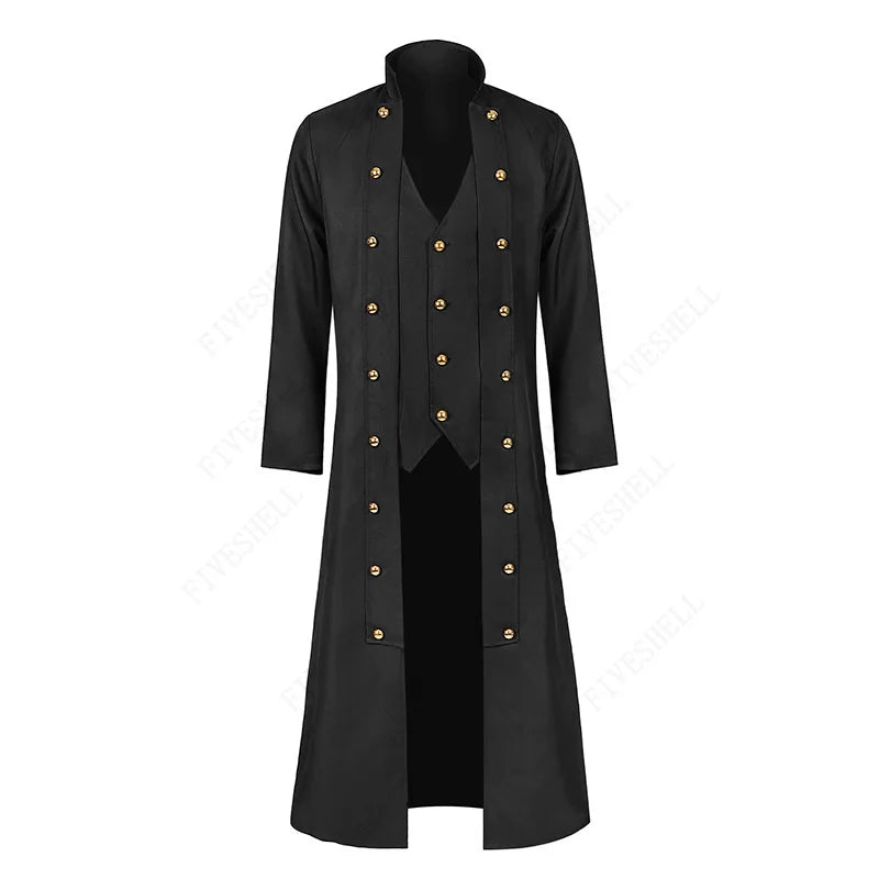Medieval Men Vintage Costumes Steampunk Gothic Black Long Jacket Coat Vampire Cosplay Pirate Halloween Outfit Men's Trenchcoat