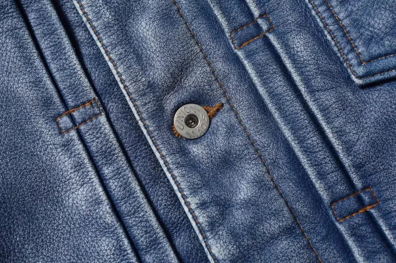 2023 New Leather Jacket Men's Single-Breasted Denim Blue Retro Old Motorcycle Leather Jacket Slim-Fit Lapel Coat