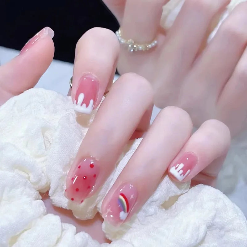 24Pcs Mid-length Ballet False Nails Cute Childlike Rainbow Press On Nails Iced Through Milk Tea Fake Nails Free Shipping Items
