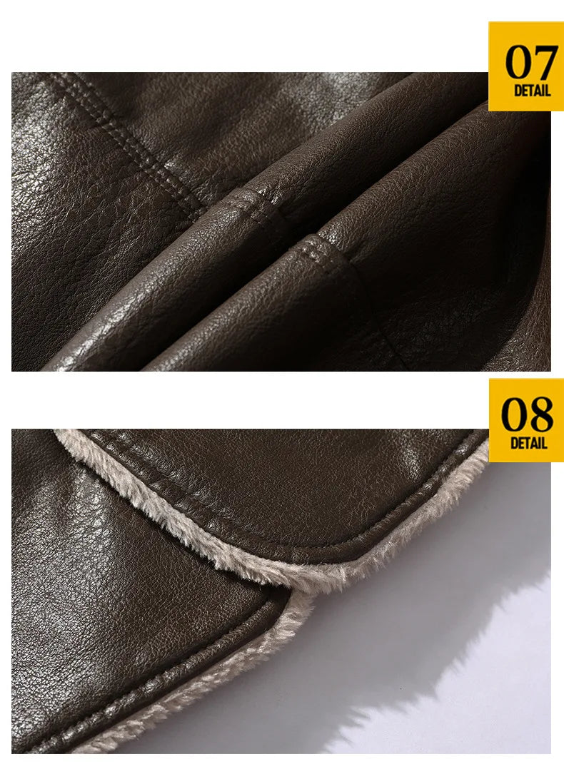 Men's Mid-length Leather Coat Autumn Winter Business European Size Plus Fleece Large Lapel Suit Fur Coat Men Jacket Men