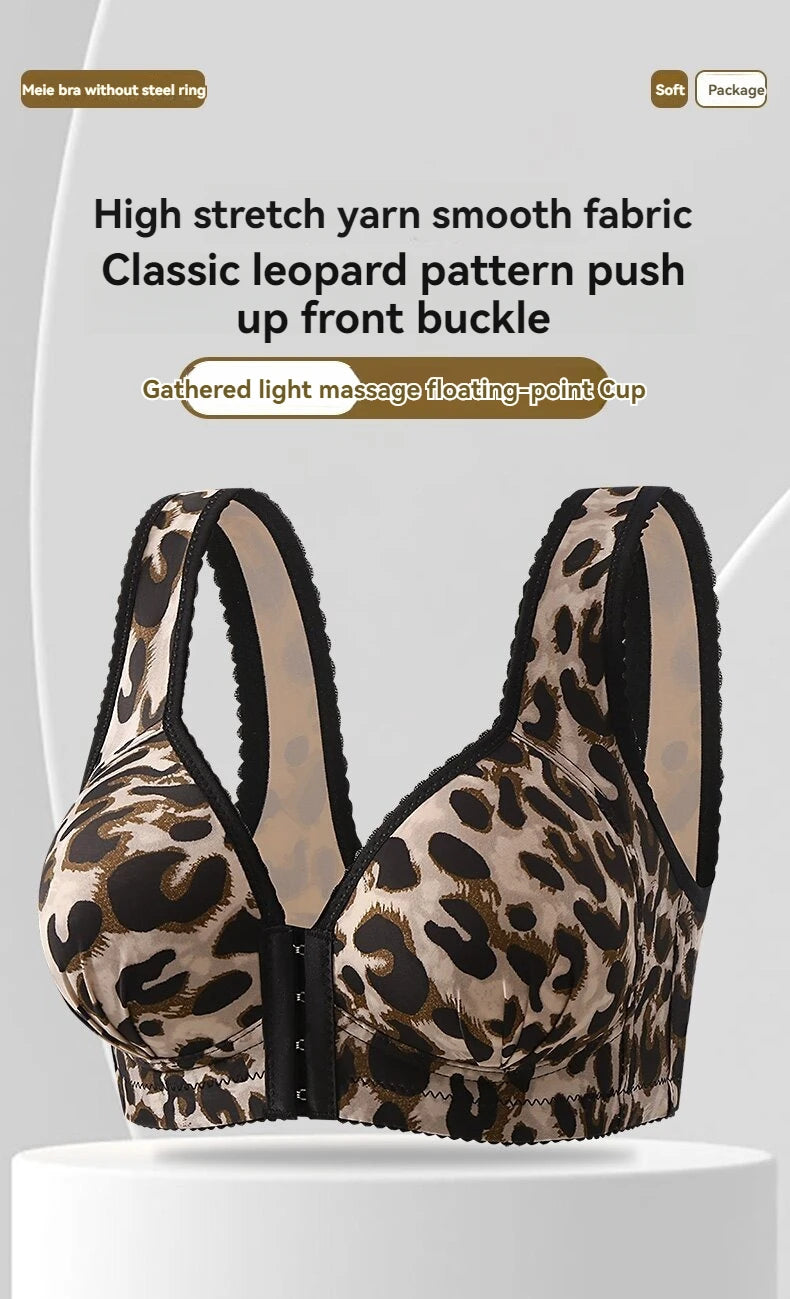 Women's Breathable Side-lifting Maternity Underwear Leopard Print Large Size Ultra-thin No Underwire Front-closure Bra