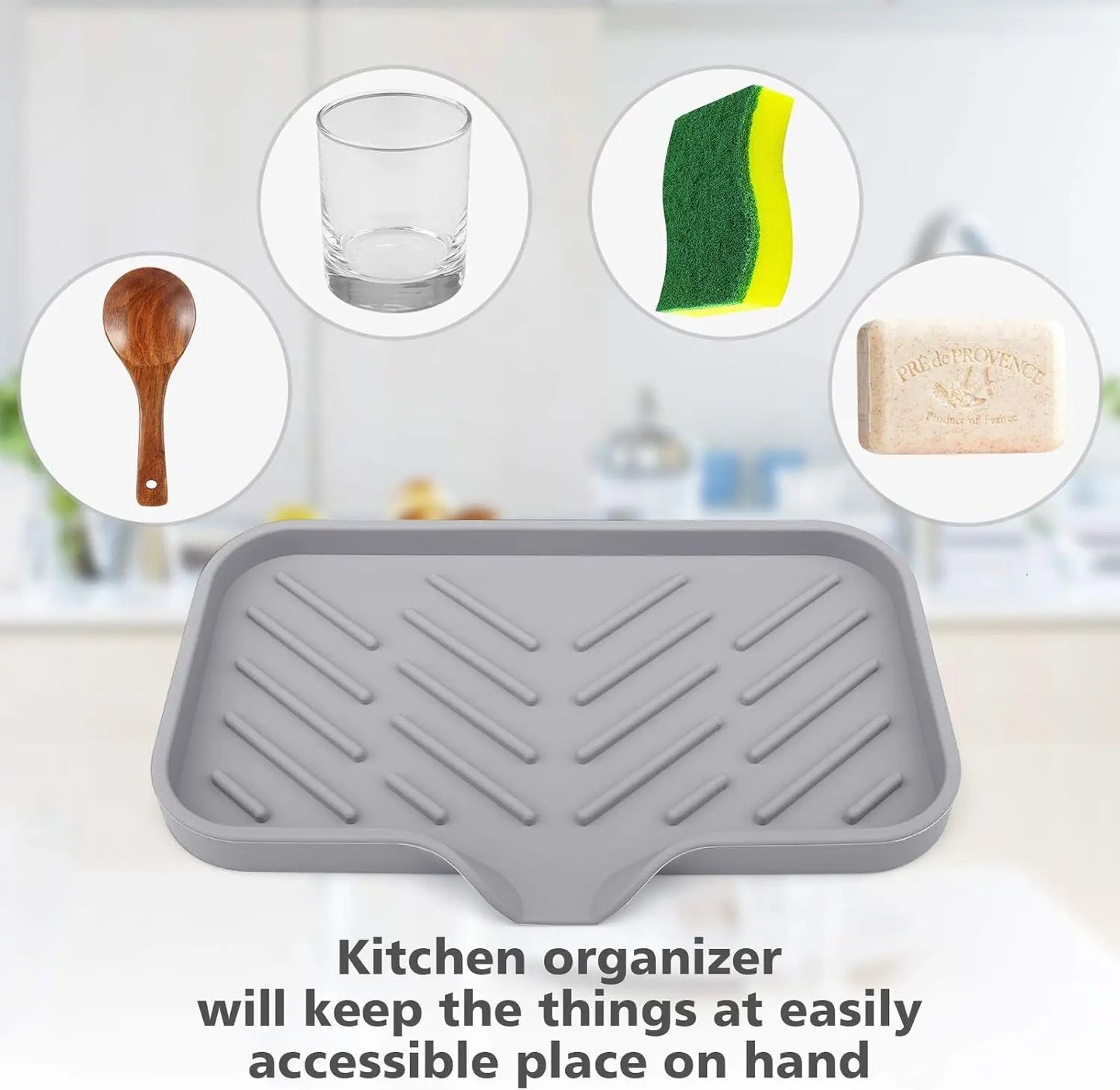 Silicone Kitchen Sink Tray Soap Tray Soap Dish Holder Sponge Holder with Built-in Drain Lip Countertop Sink Kitchen Organizer